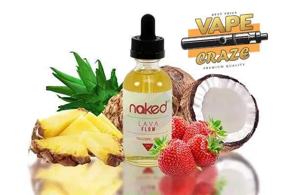 Naked Lava Flow E-Liquid: A tantalizing blend of ripe strawberries, creamy coconut, and tangy pineapple for a tropical and flavorful vaping experience