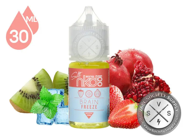 Naked SaltNic Brain Freeze E-Liquid: Immerse yourself in the chilling blend of ripe strawberries, tart kiwi, and refreshing pomegranates with every vape