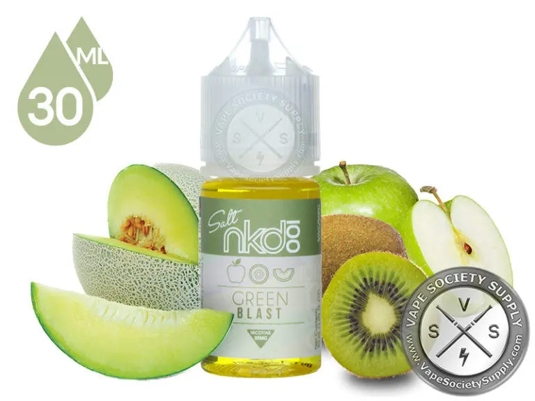 Naked SaltNic Green Blast E-Liquid: Immerse yourself in the refreshing blend of tart kiwi, sweet green apple, and honeydew with every vape