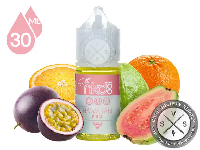 Naked SaltNic Hawaiian Pog E-Liquid: Immerse yourself in the tropical paradise of passion fruit, orange, and guava with every vape