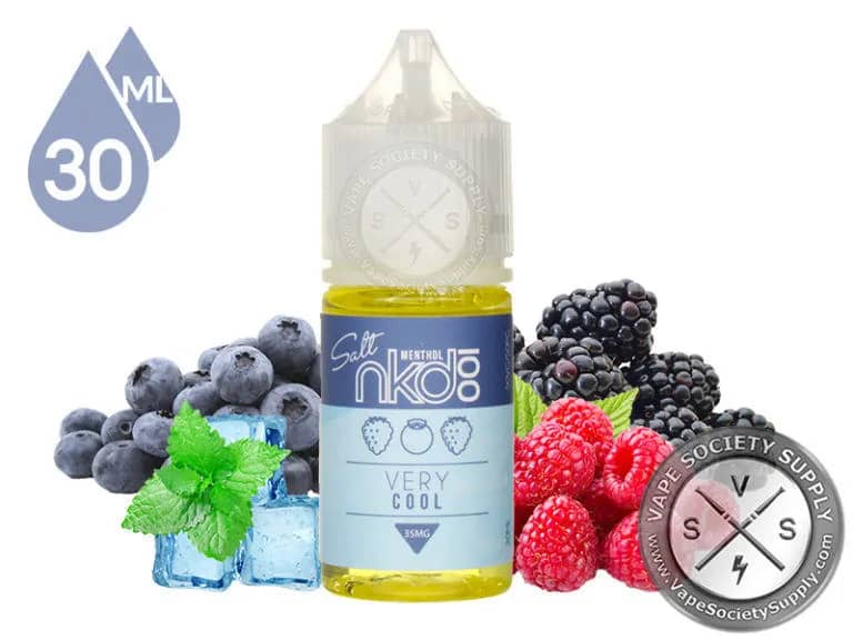 Naked SaltNic Very Cool E-Liquid: Immerse yourself in the icy blend of blueberries, blackberries, raspberries, and menthol with every vape