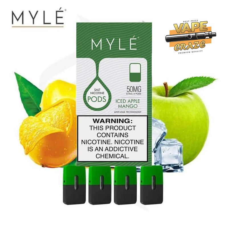 MYLE Pod V4 Iced Apple Mango: A refreshing blend of crisp apple and tropical mango with a cool twist in a convenient vape pod